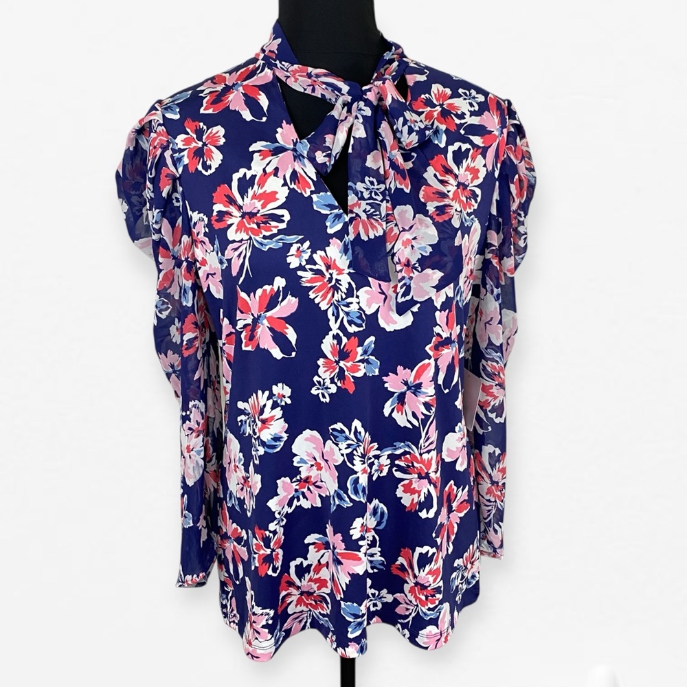 PerSeption Concept Blue Pink Tie scarf Front Ruffled Career v-neck Blouse top L